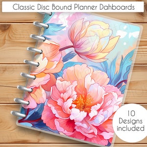 May include: A set of 10 planner dashboards featuring a watercolor floral design with pink, peach, and yellow flowers on a blue background. The text "10 Designs included" is printed on the bottom right corner of the image.