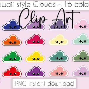16 Kawaii Cloud clip art PNGs, Kawaii face clipart digital download, coloured cloud PNG file, png for stickers