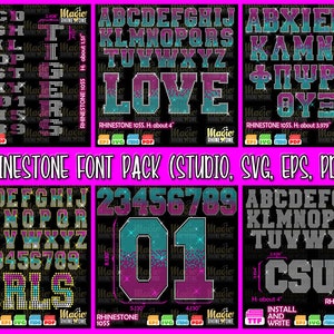 Pack of 6 Rhinestone Fonts, Rhinestone template Collegiate font, Rhinestone Font, Rhinestone University letters, Rhinestone font For Cricut