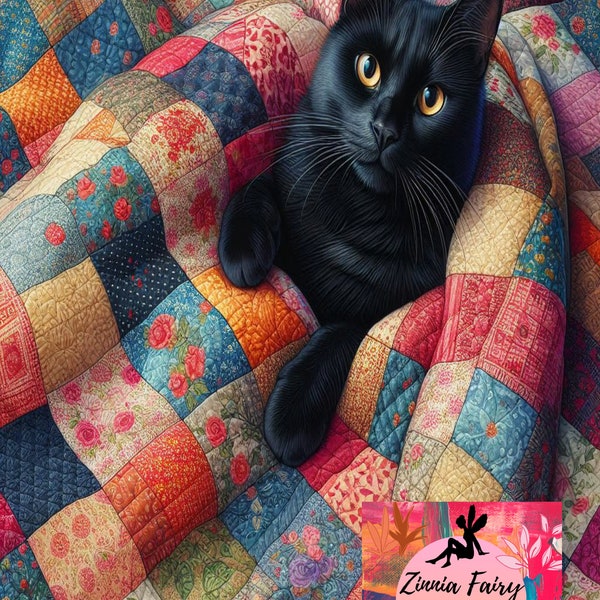 Black cat on patchwork blanket - 4 variations, size A4, A5 and 6x6, Printable wall art, or journal covers, greeting cards.