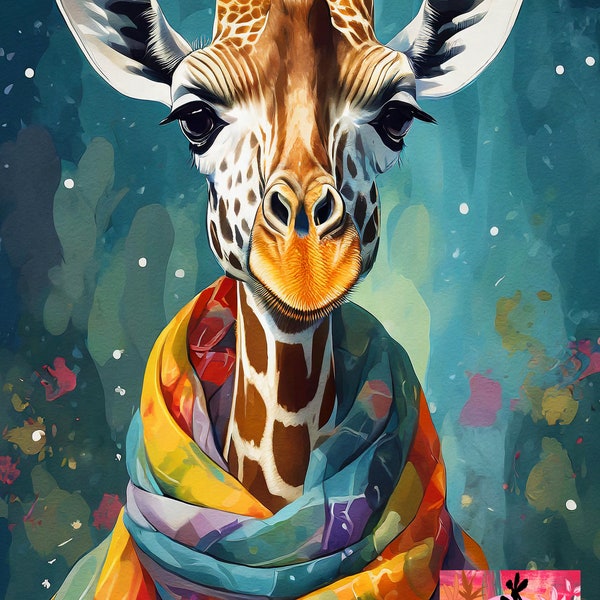 Whimsical Giraffe with a colorful scarf, size A4 and A5, instant download, print frame or use as a greeting card, journal cover