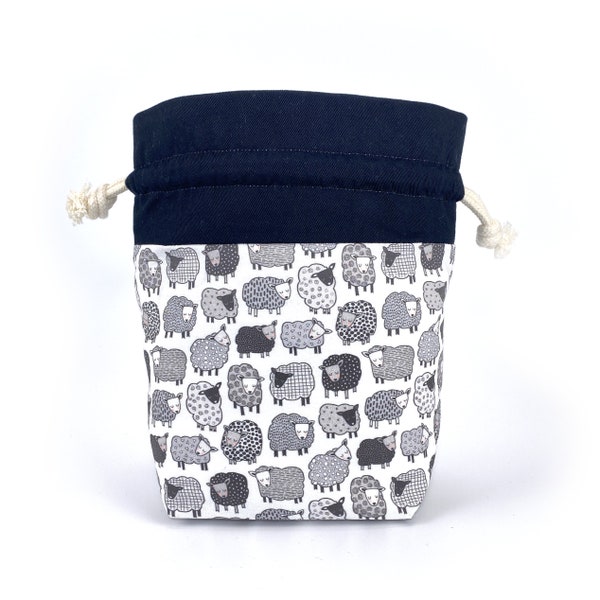 Project Bag for Knitting & Crochet with drawstring closure and zippered pocket, Black and White sheep print, Australian made