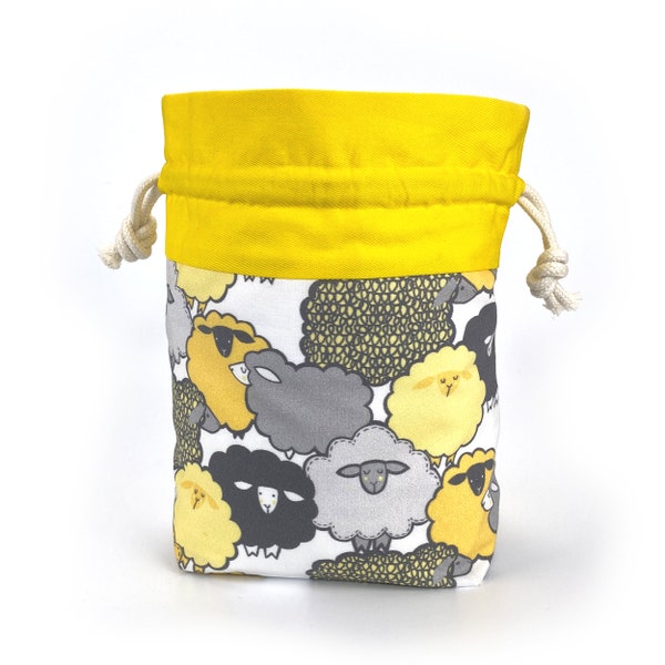 Project Bag for Knitting & Crochet with drawstring closure and zippered pocket, Yellow Sheep print, Australian made