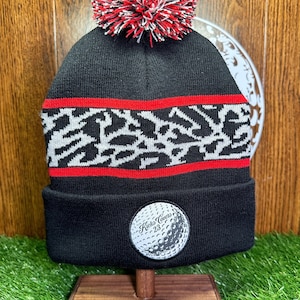 KicksCovers Custom Golf “Tour Pom” Cuff Beanie Winter Golf Hat Jordan Elephant Print - Black Red Gray