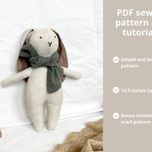 Linen Bunny Sewing Pattern | Rabbit with Scarf DIY tutorial | Animal Rag Doll Pattern | Plushie PDF Sewing Pattern | Beginner Sewing Pattern