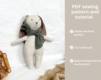Linen Bunny Sewing Pattern: DIY Rag Doll with Scarf (PDF Pattern)