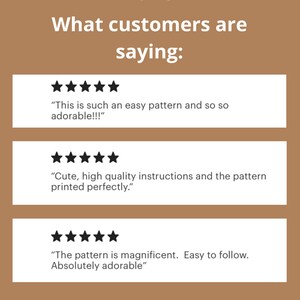 May include: Three customer reviews with five-star ratings and positive comments about an easy-to-follow pattern. The comments mention the pattern being adorable, high-quality instructions, and the pattern printing perfectly.
