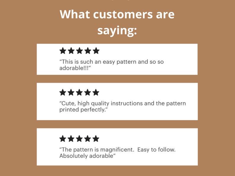 May include: Three customer reviews with five-star ratings and positive comments about an easy-to-follow pattern. The comments mention the pattern being adorable, high-quality instructions, and the pattern printing perfectly.