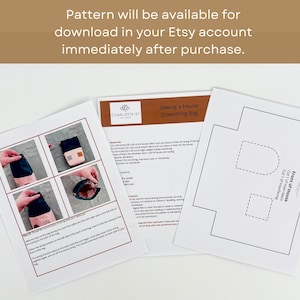 May include: A printable sewing pattern for a house-shaped drawstring bag. The pattern includes instructions and diagrams for sewing the bag. The pattern is available for download after purchase.