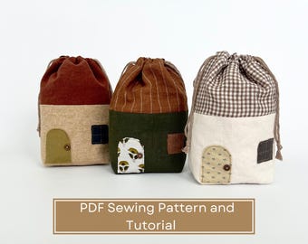 House Drawstring Bag Pattern - Drawstring Pouch Sewing Pattern - Reusable Lunch and Snack Bag - Kids Treat Holiday Treat Bag PDF Pattern