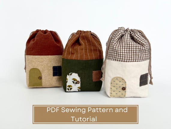 House Drawstring Bag Pattern - Drawstring Pouch Sewing Pattern - Reusable Lunch and Snack Bag - Kids Treat Holiday Treat Bag PDF Pattern