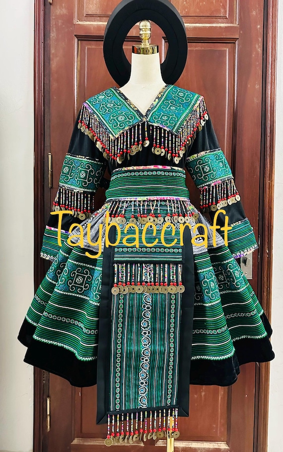 green emerald velvet dress Hmong Traditional  ZamHmong LLC