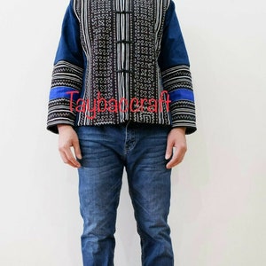 Indigo Hmong Handmade Shirt Men With Embroidered Cotton