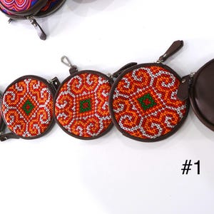 Boho Handmade Wallet, Hmong Round Leather Coin Purse,Boho Key chain, Embroidery Round Wallet