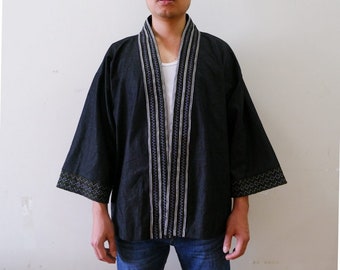 Kimono jacket Japanese Noragi Jacket Jean Jacket with Hmong Handmade Embroidery Gift for Him