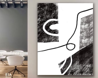 Large Black and White Abstract Oil Painting, Modern Minimalist Canvas Art