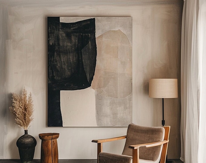 Featured listing image: Textured Abstract Canvas Painting, Black & Brown Minimalist Art