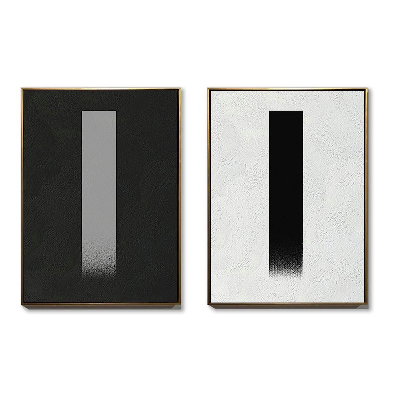 May include: Two framed abstract paintings with a vertical gray stripe on a black background and a vertical black stripe on a white background.
