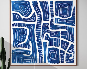 Textured Abstract Canvas Painting, Blue and White Minimalist Art