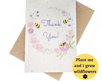 Eco friendly Plantable Thank you card. Bee themed thankyou card.