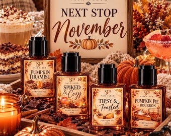 May include: Four rectangular glass bottles of Naia Fleur perfume oil, each labeled 50 ml, featuring scents Pumpkin Tiramisu, Spiked & Cozy, Tipsy & Toasted, and Pumpkin Pie & Bourbon, arranged on a wooden tray with pumpkins and spices.