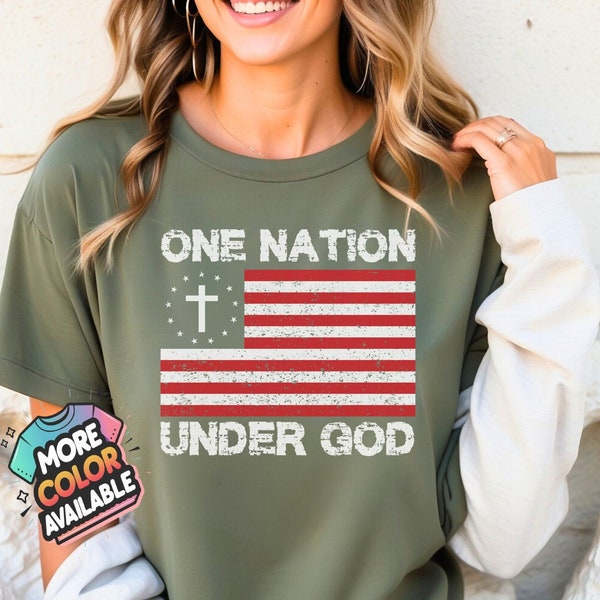 Patriotic T-Shirt, One Nation Under God, American Flag with Cross, Distressed Look Tee