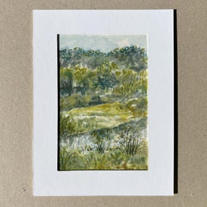watercolor print of pond landscape