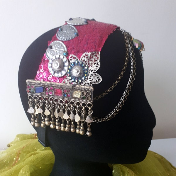 Candy Tribe Pink Kuchi Headdress Headpiece Tribal Fusion ATS gypsy Belly dance head accessory Festival Hippie Glam Diva