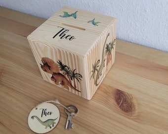 Sparwürfel aus Holz, Dinosaurier, Dino, Spardose, Geschenk zur Geburt, Taufe, Geburtstag, Geldgeschenk, personalisiert HANDMADE