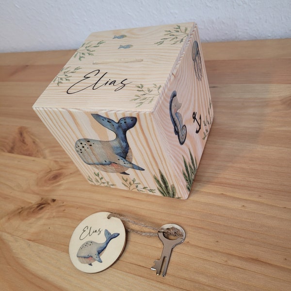 Sparwürfel aus Holz, Unter dem Meer, Spardose, Geschenk zur Geburt, Taufe, Geburtstag, Wal, Geldgeschenk, personalisiert HANDMADE