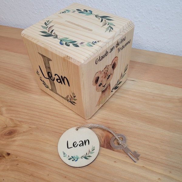 Sparwürfel aus Holz, Afrika Löwe Elefant, Sternbild, Spardose, Geschenk Geburt, Taufe, Geburtstag, Geldgeschenk, personalisiert HANDMADE