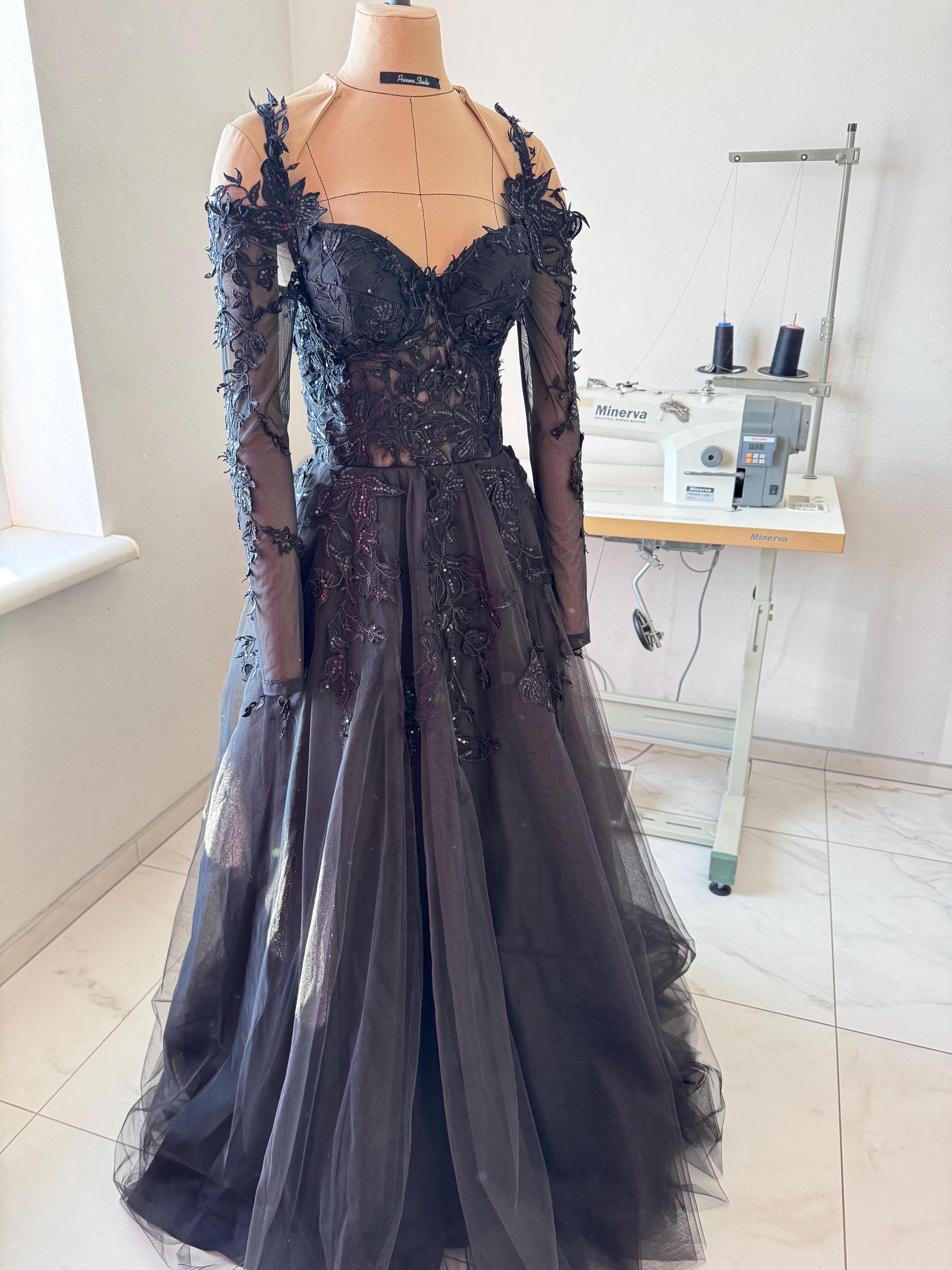 Black Embroidered Lace Corset Wedding Dress Long Sleeve With Mesh Skirt Black Embroidered Lace Corset Wedding Dress Long Sleeve With Mesh Skirt