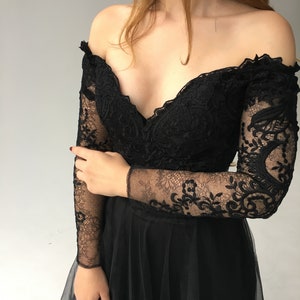 Off-the-Shoulder Black Lace Wedding Dress, Elegant Gothic Bridal Gown with Long Sleeves, Unique Custom-Made Black Fish Wedding Dress