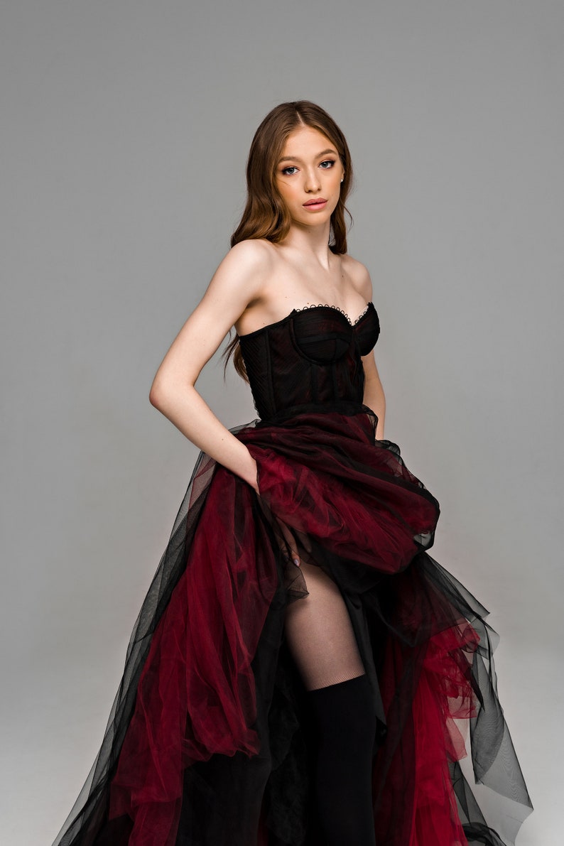 Gothic black wedding dress, Black Red wedding dress, Black and Dark red gown, Black bridal dress, Wine red and Black gothic dress Halloween image 4