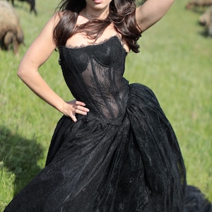 Corset Black Gothic Wedding Dress – Long Train, Alternative Bridal Gown, Lace, Custom Made to Order