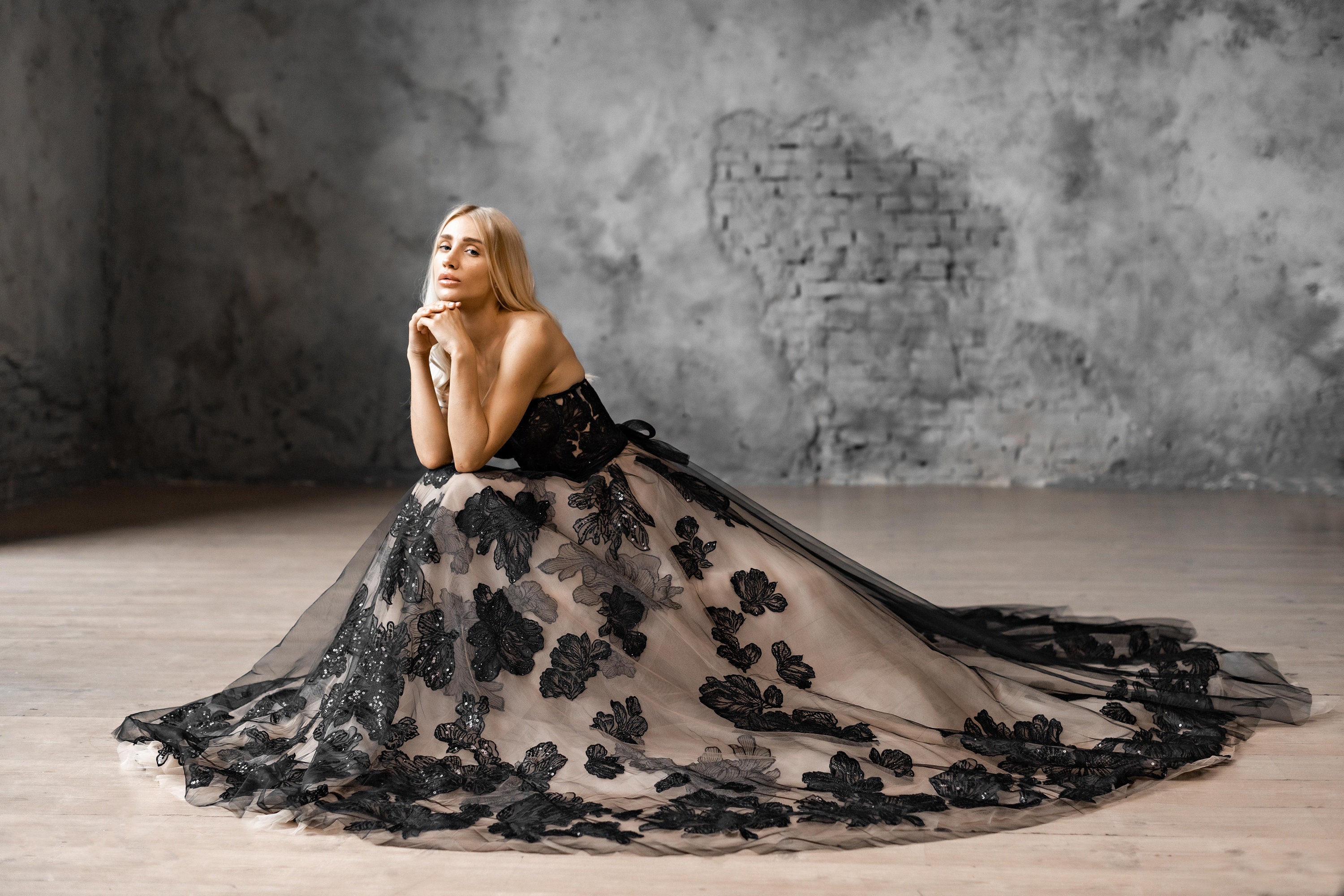 Alternative Lace Black Wedding Dress, Floral Custom Black