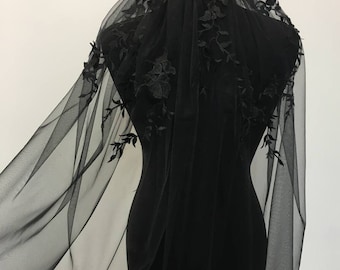 Black Long Cathedral Bridal Veil, Black lace wedding veil, Gothic Tulle Veil with lace, Luxury Soft Black Tulle Veil