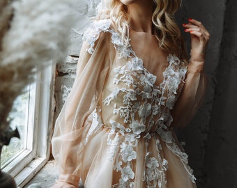 3 D Floral Long Sleeve Wedding Dress, Embroidery Wedding Gown Laсe Wedding Dress, Bridal Gown, A-line Tulle Ivory Wedding Dress Long Train
