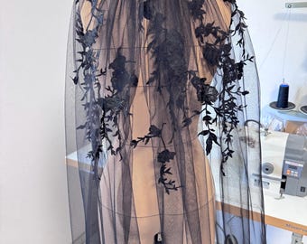 Velo de novia estilo catedral de encaje negro: tul suave gótico, 220 cm