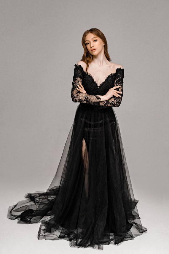 Sheer Lace Long Sleeves Floor Length Wedding Dress With Slit Sheer Lace Long Sleeves Floor Length Wedding Dress With Slit