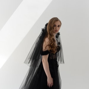 Black Long Cathedral Bridal Veil, Black wedding veil with handmade flowers, Gothic Tulle Veil, Two tiered Luxury Soft Black Tulle Veil