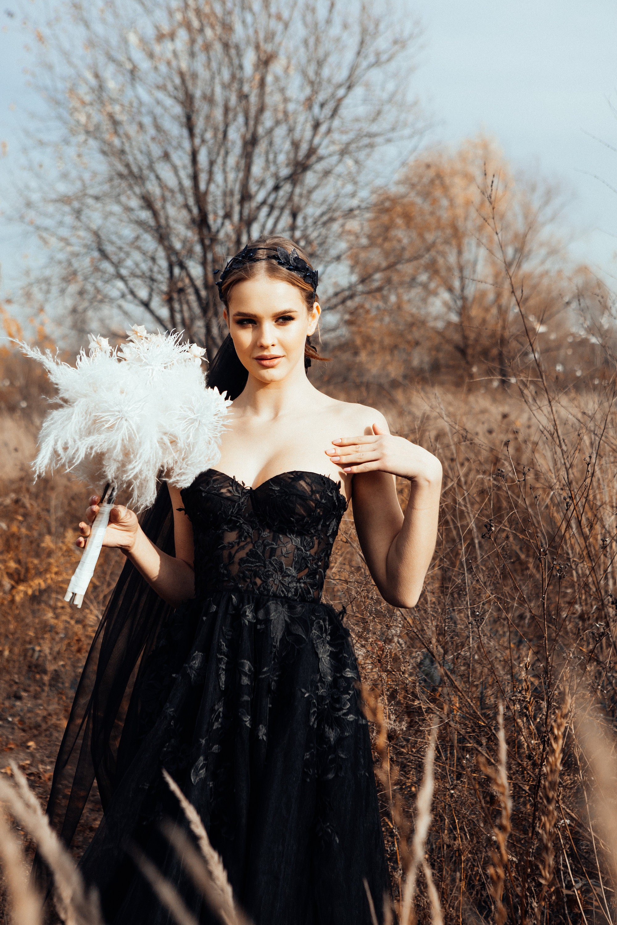 wedding dress with black lace applique A-line Black Wedding Dress Lace Applique Wedding Dress Backless Side S SELINADRESS