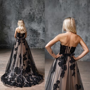 Schwarzes Gothic Blumenspitze Korsett Brautkleid: Schiere Brautkleid aus Tüll Bild 7