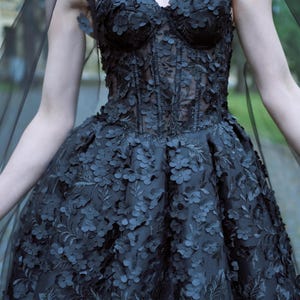 Short Black Wedding Dress, Gothic Bridal Dress, Dark Floral Lace Dress, Alternative Wedding Gown, Corset Mini Dress with Veil
