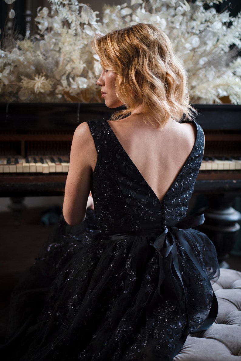 Black Alternative Bridal Dress, Black Glitter Lace Wedding Dress