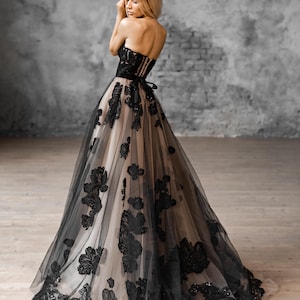 Alternative Lace Black Wedding Dress, Floral Custom Black