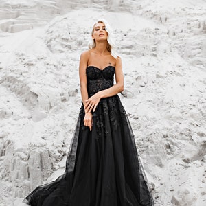 Black corset lace wedding dress, Gothic wedding dress, Alternative wedding dress, Black wedding tulle dress, Black wedding guest dress