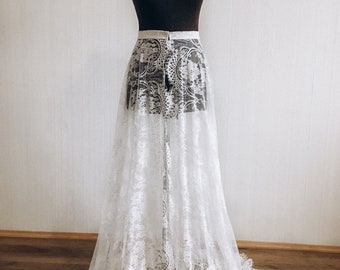 White Chantilly Lace Detachable Wedding Dress Train: Removable Overskirt