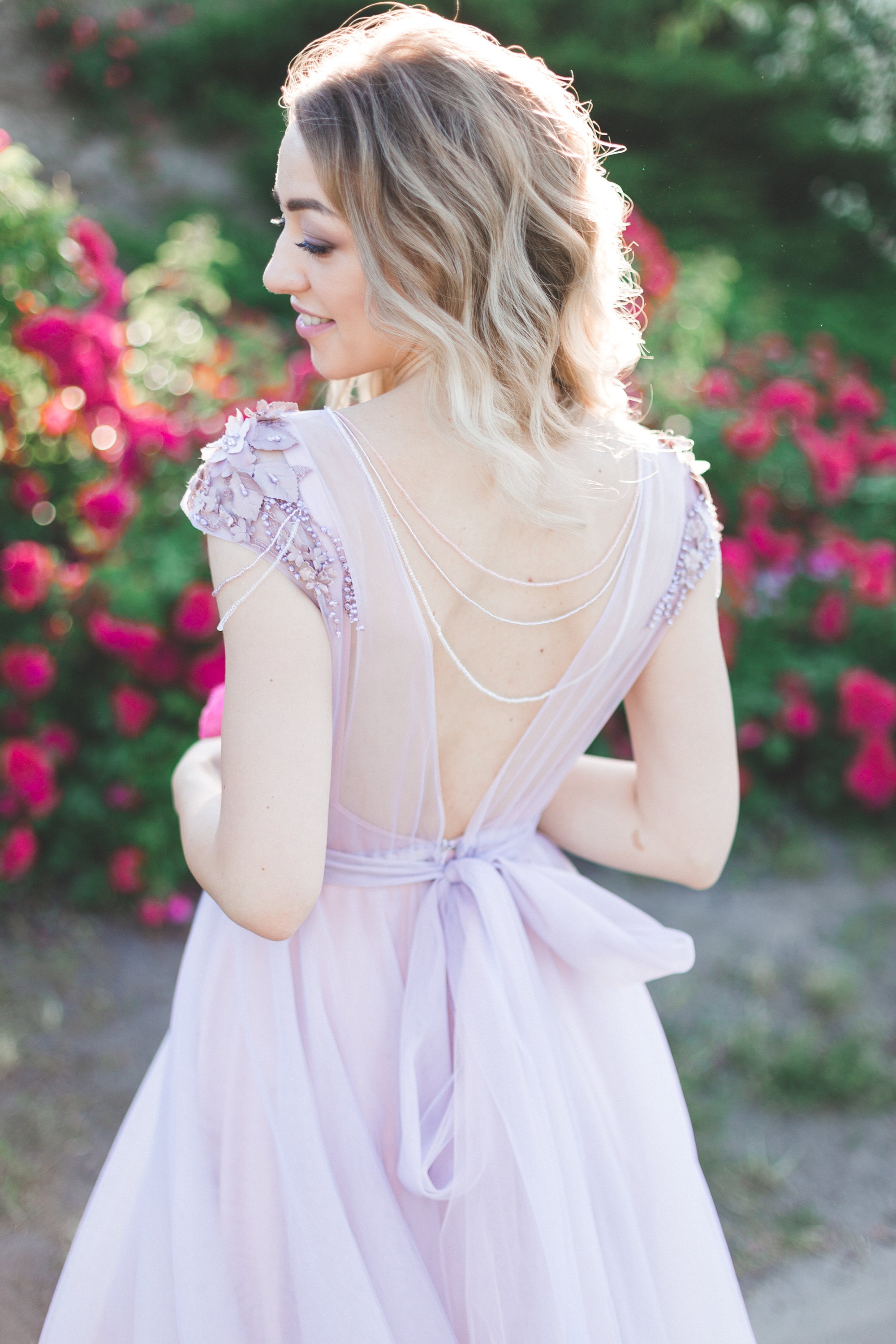 strapless open back dress Lavender Lace Tulle Wedding Flower Girl Dress, Feathers/Horsehair