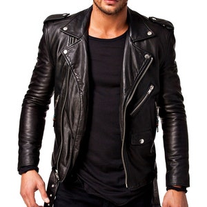 Men Leather Jacket Motorcycle Slim Fit Black Biker Genuine - Etsy